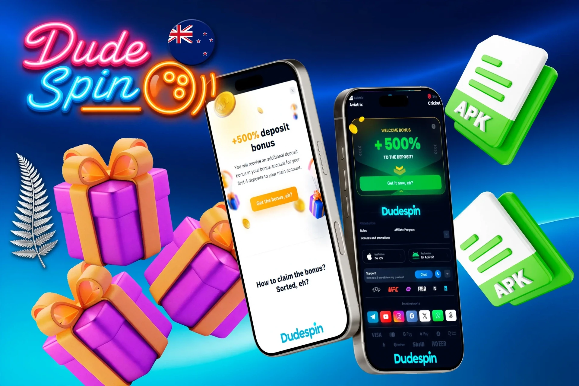 DudeSpin mobile app promotion with 100% up to €1,000 + 50 Free Spins registration bonus and gift box illustration
