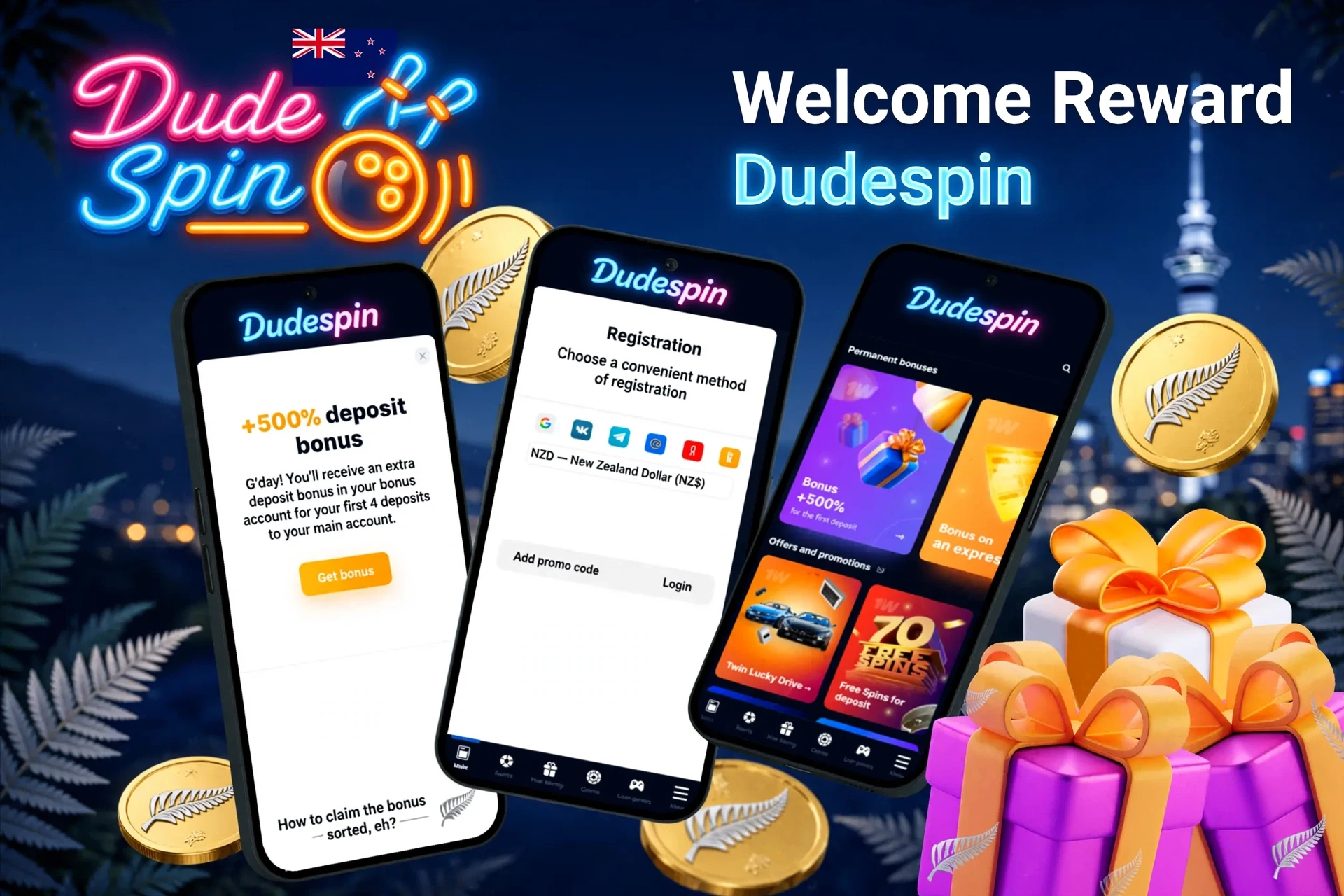 Mobile screens displaying DudeSpin registration and 500% deposit bonus with gift boxes
