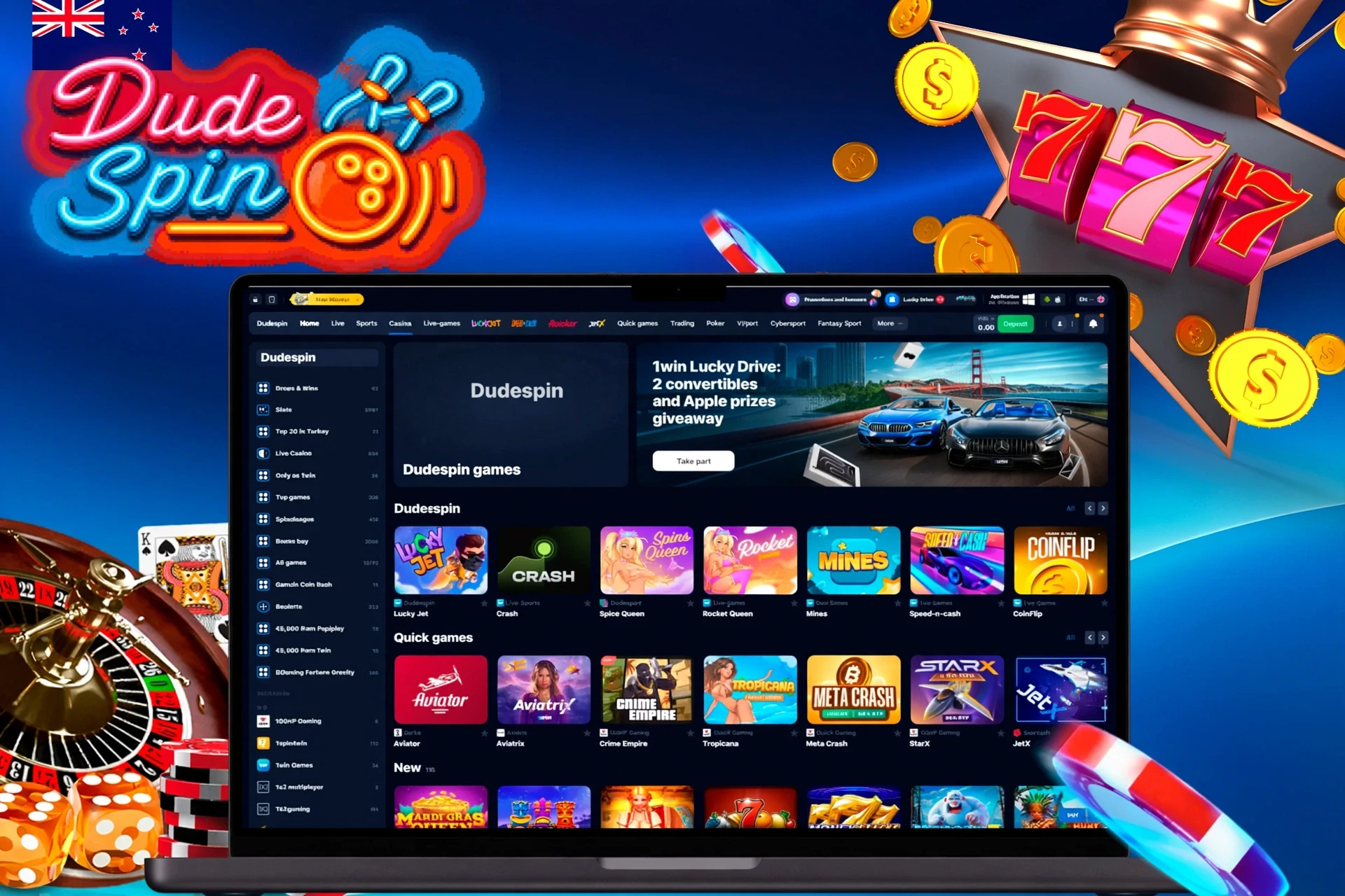 Casino homepage with various pokies and crash games, including Lucky Jet and Blazing Crown
