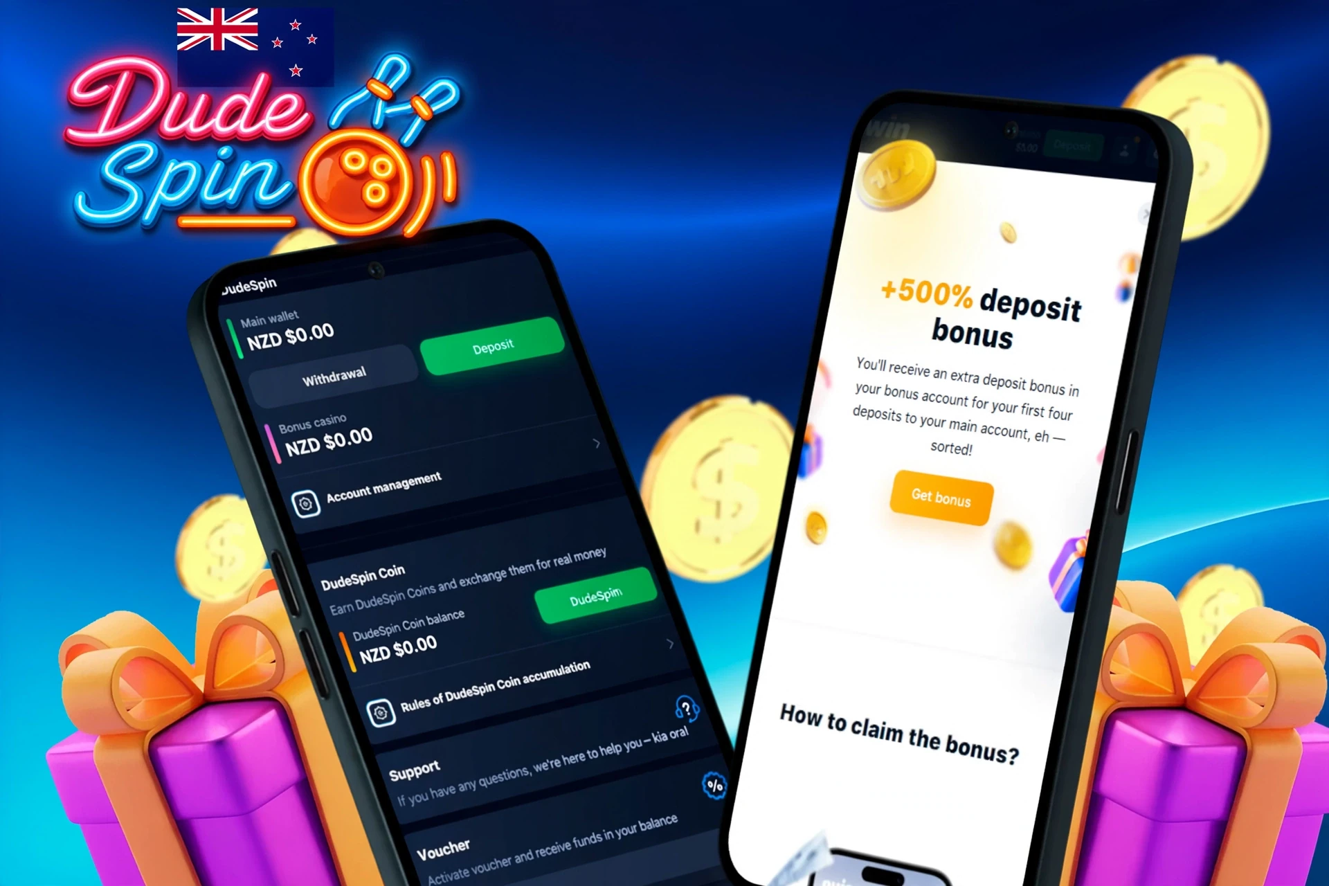 deposit and withdrawal screen showing wallet balance, account management options, and a 500% deposit bonus offer at DudeSpin