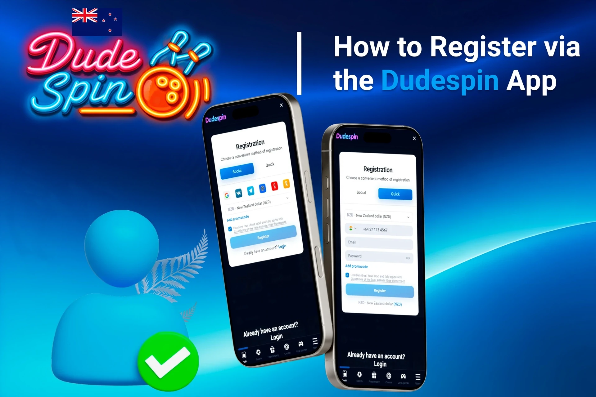 Registration process on the DudeSpin mobile app with social login options