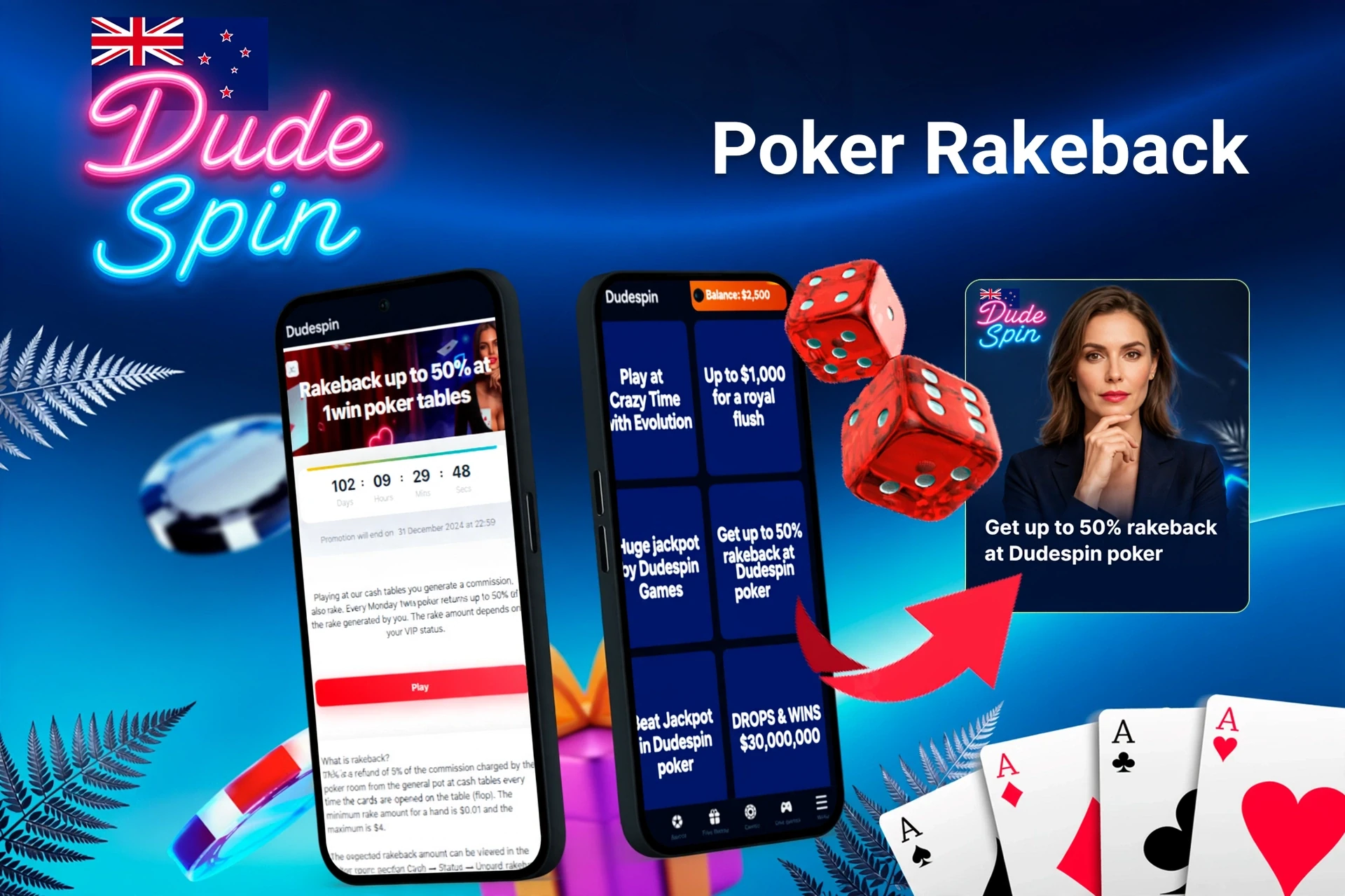Mobile app with DudeSpin poker rakeback offer up to 50%, red dice, and playing cards