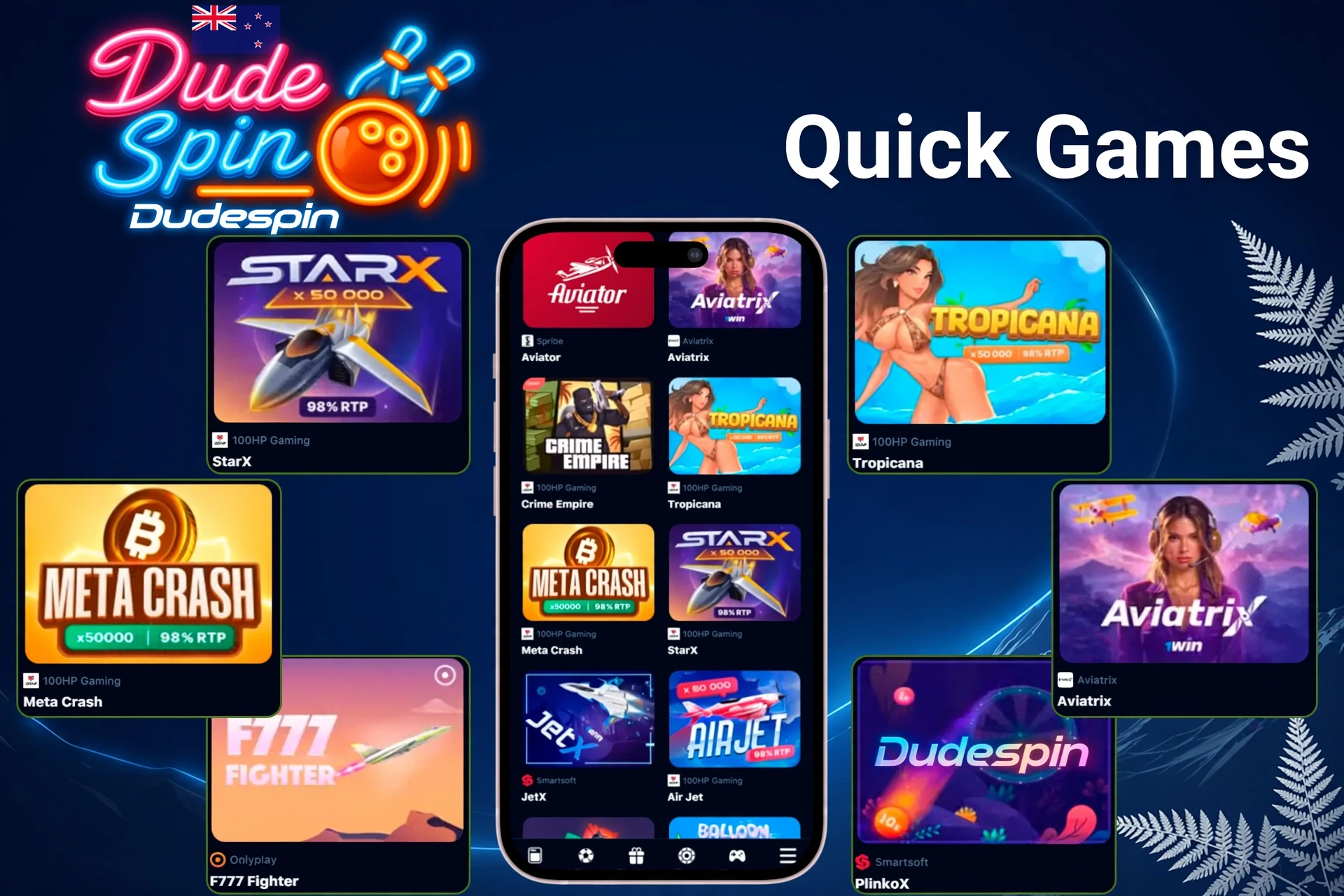 Quick-play titles like StarX, Tropicana, Meta Crash and PlinkoX showcased on the DudeSpin mobile-compatible site