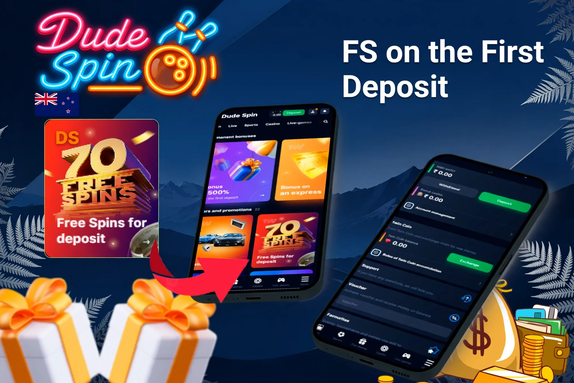 Mobile app showing casino game offers like loyalty program and free spins with poker chips and cards