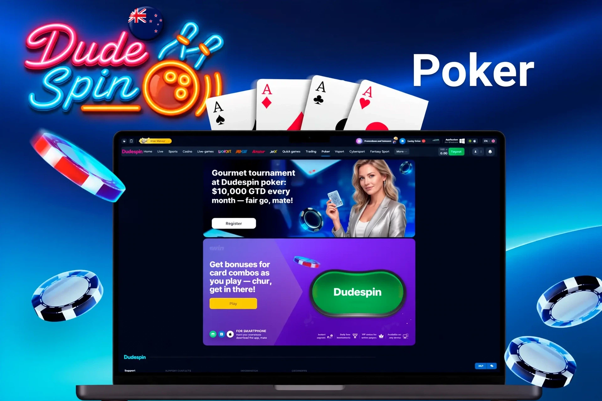 DudeSpin poker promotion advertising a major tournament with a guaranteed prize pool and combo bonuses