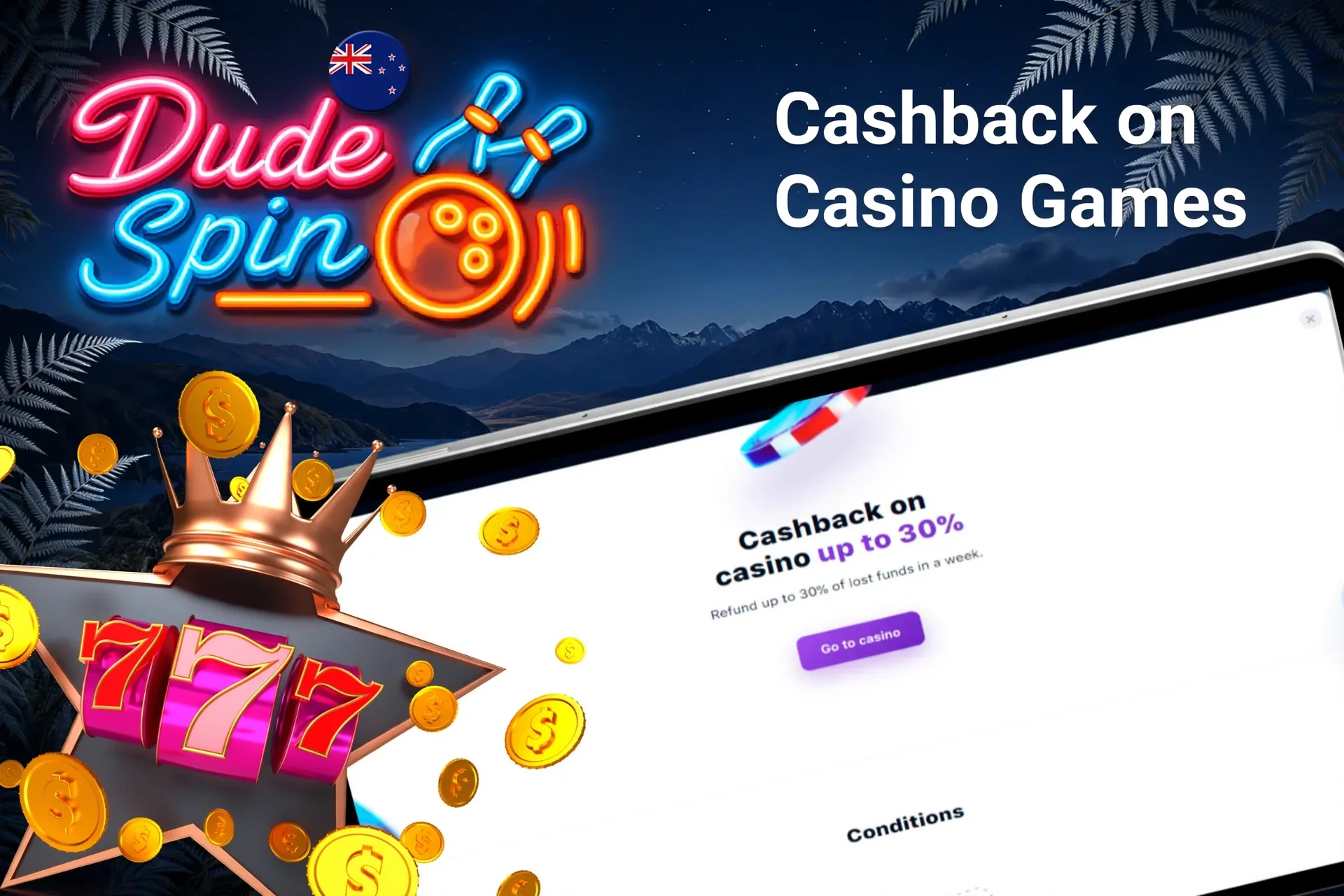Mobile app with DudeSpin poker rakeback offer up to 50%, red dice, and playing cards