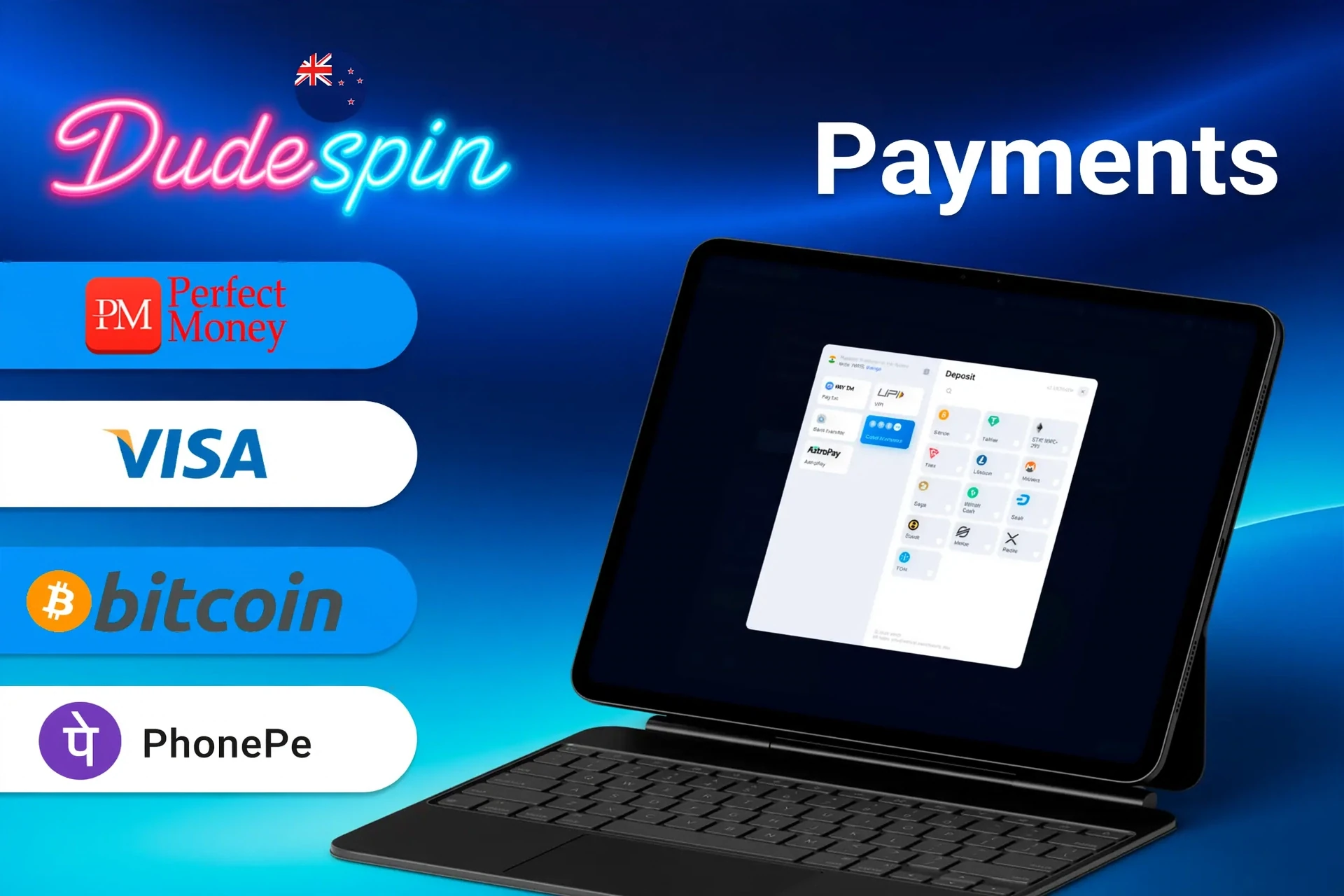 DudeSpin payment methods including Perfect Money, Visa, Bitcoin, and PayID for quick and secure transactions