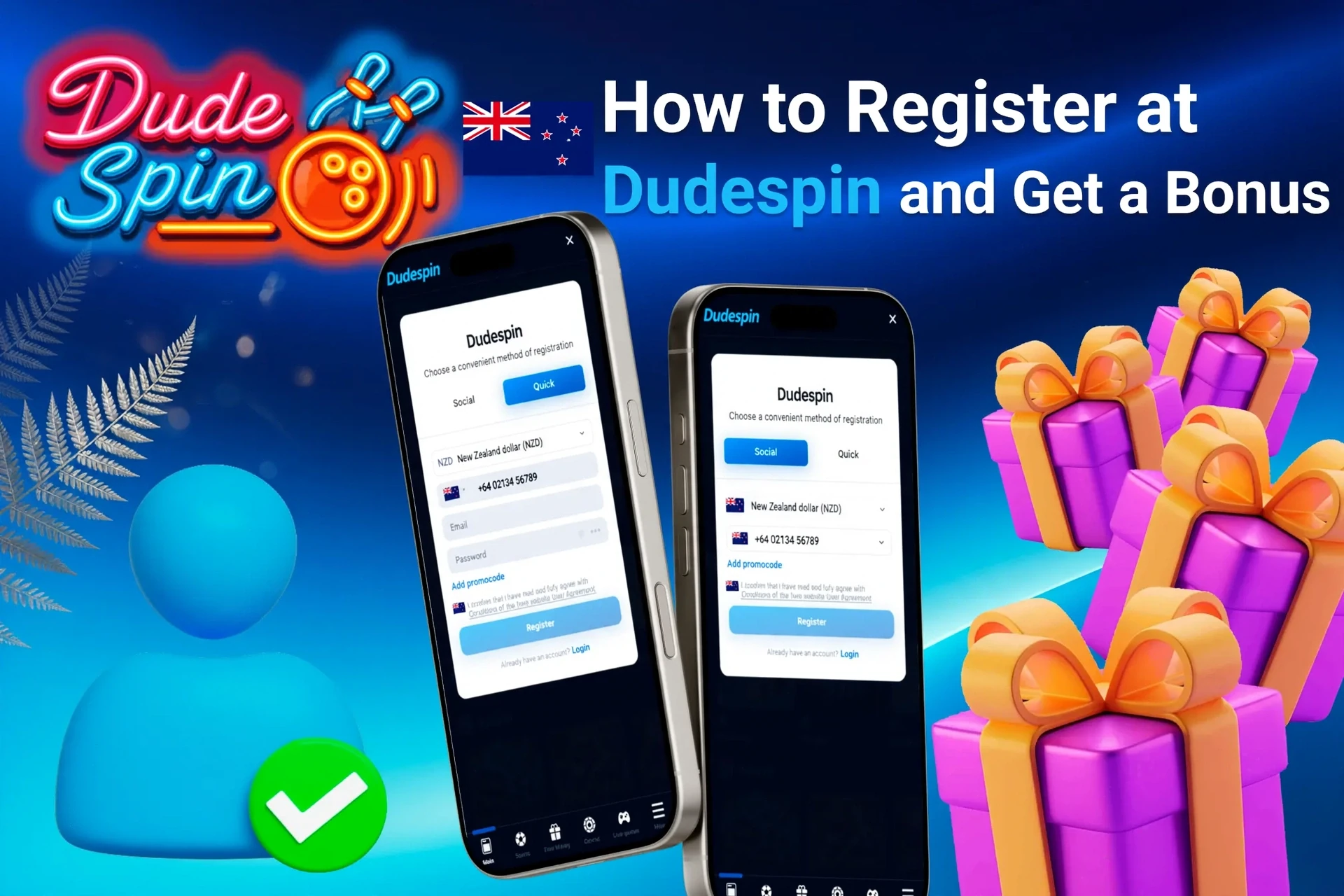 Mobile registration page for DudeSpin showing bonus offers with purple and gold gift boxes