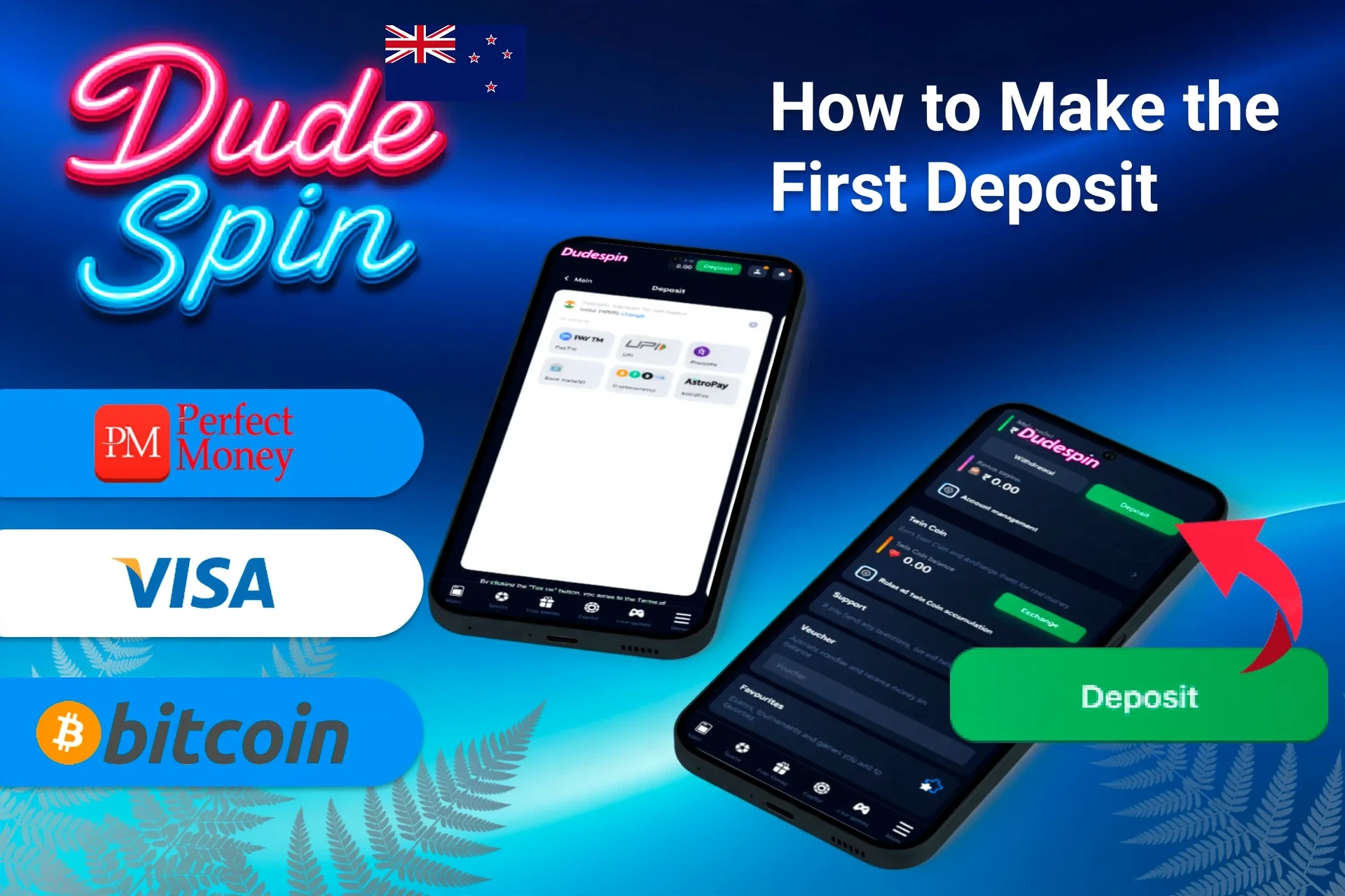 mobile app with deposit options including Perfect Money, Visa, and Bitcoin, along with deposit button