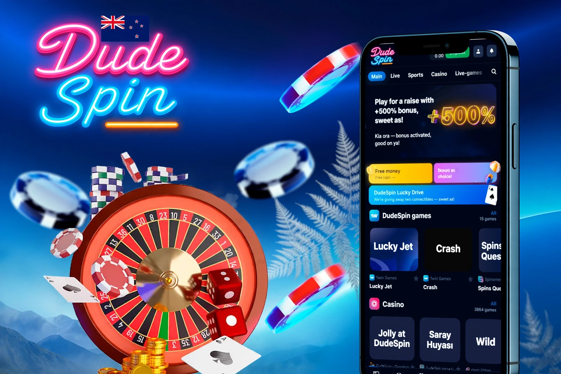 Mobile version of the DudeSpin app displayed on smartphones, offering quick access to various betting and gaming features