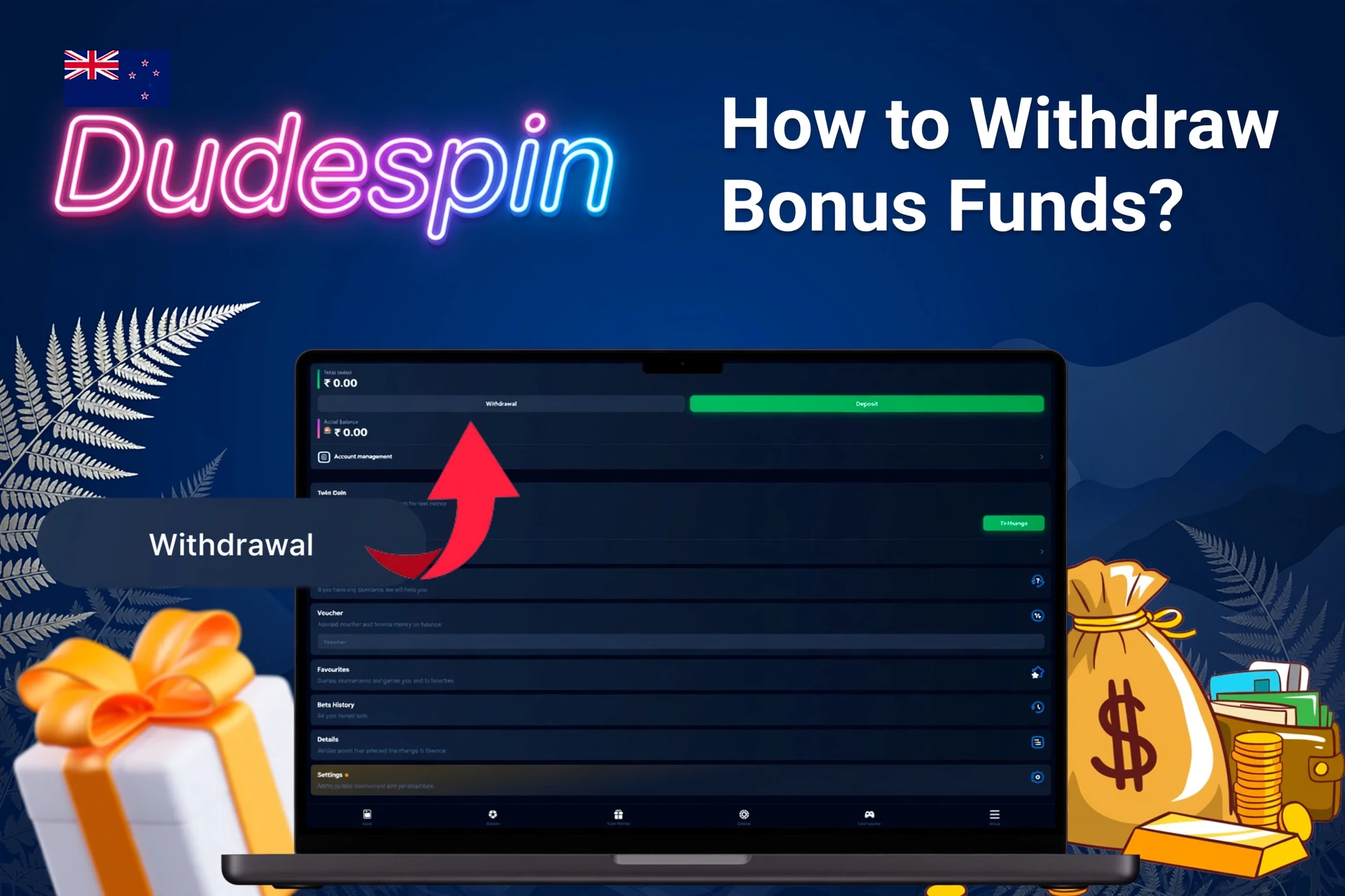 Laptop screen showing DudeSpin withdrawal options with money bags and gift boxes in the background
