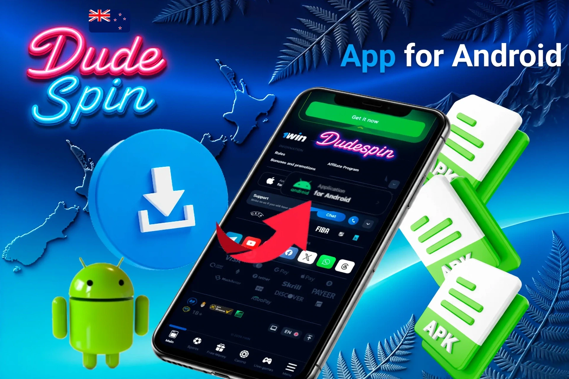 App for Android download process with APK file icons and Android mascot