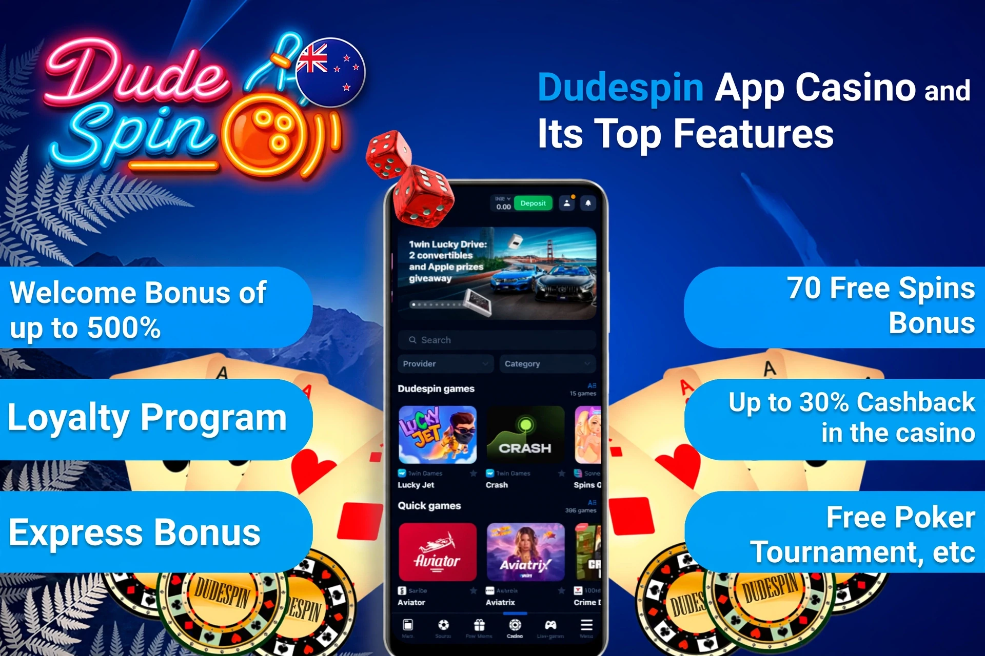 1Win App Casino top features including welcome bonus, loyalty program, and express bonus on mobile interface