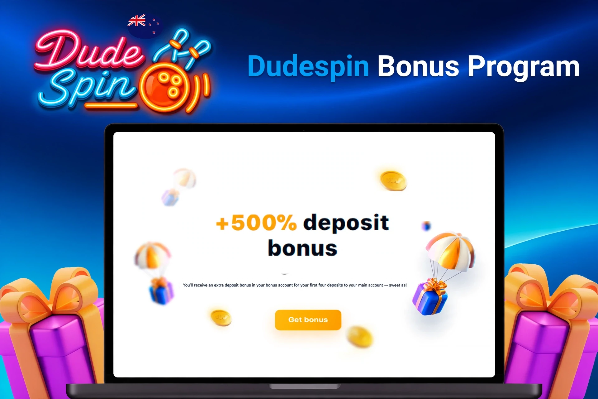 Laptop showing bonus offer of +500% deposit bonus with floating coins and gifts