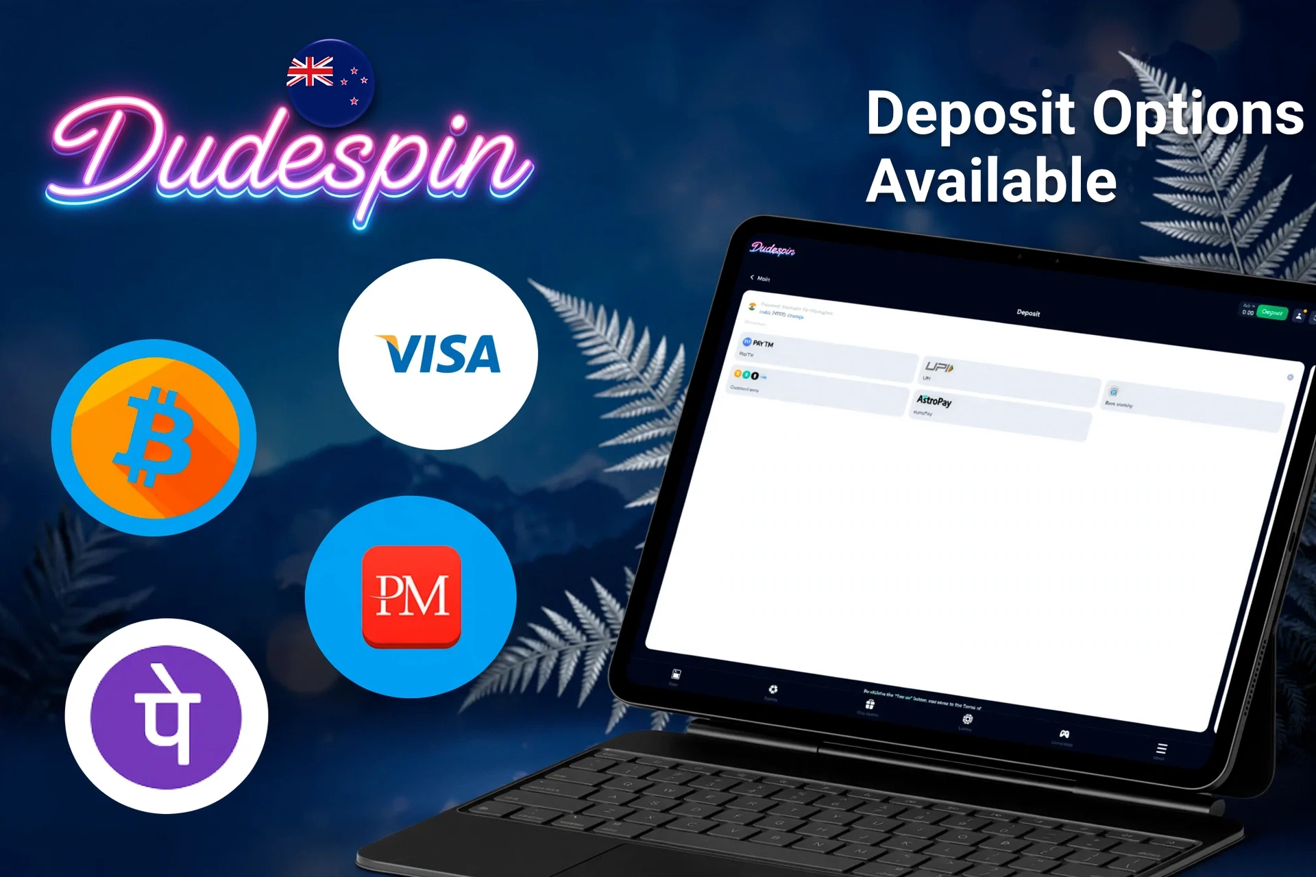 Deposit options available on DudeSpin platform, including Bitcoin, Visa, and other common payment methods, displayed on a tablet