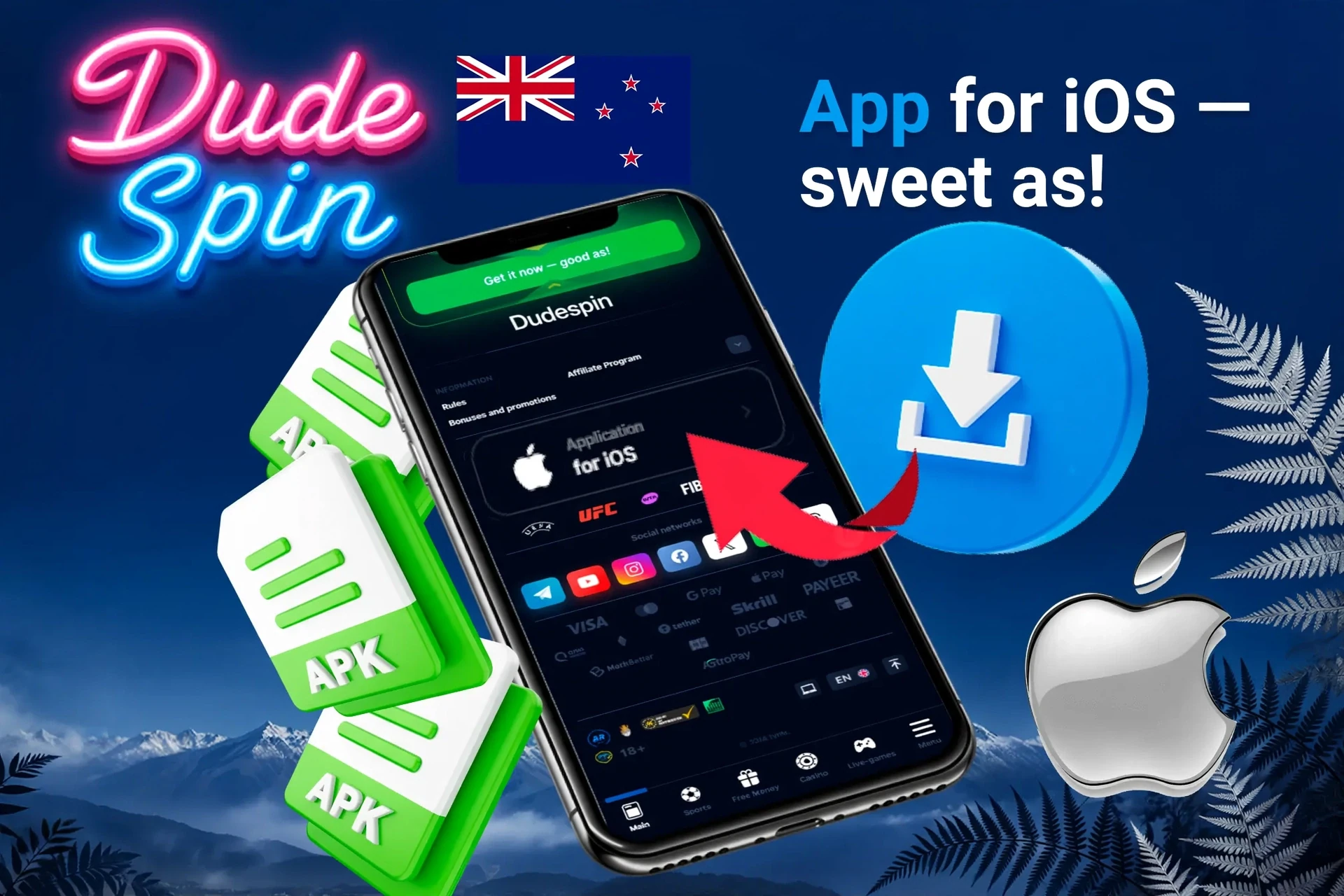 iOS app download screen with APK file icons and Apple logo