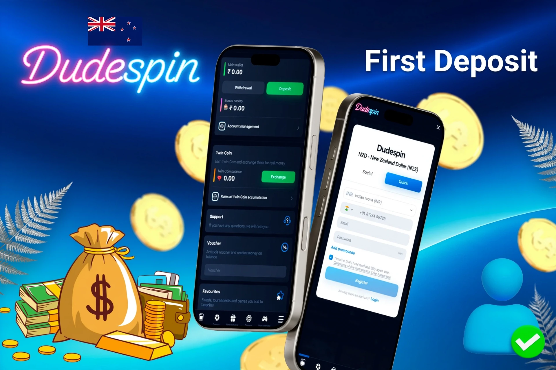 mobile interface showing steps to make the first deposit, with icons for payment options and bonus registration