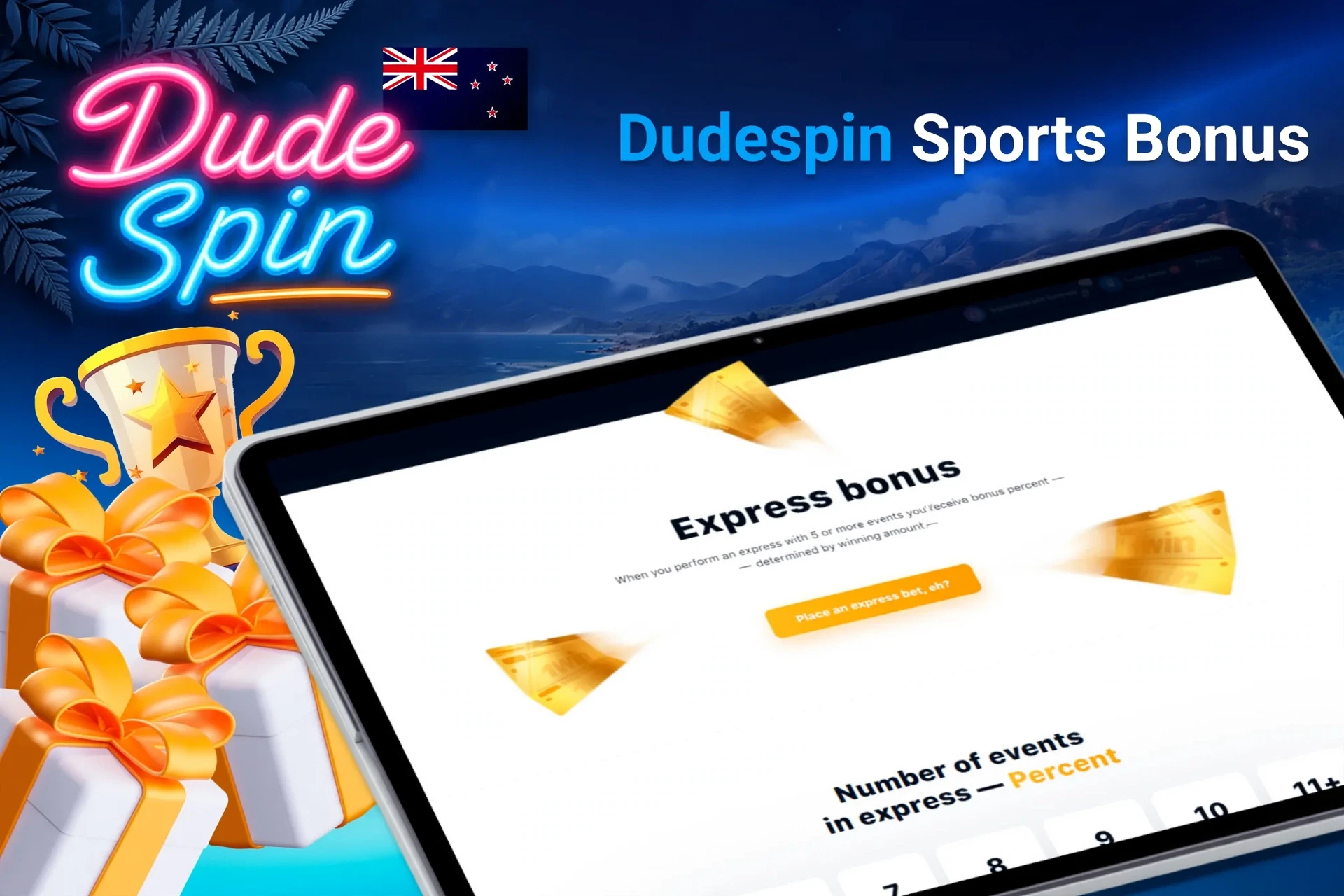 Tablet screen with express bonus offer for sports betting from DudeSpin, with trophy and gift boxes.