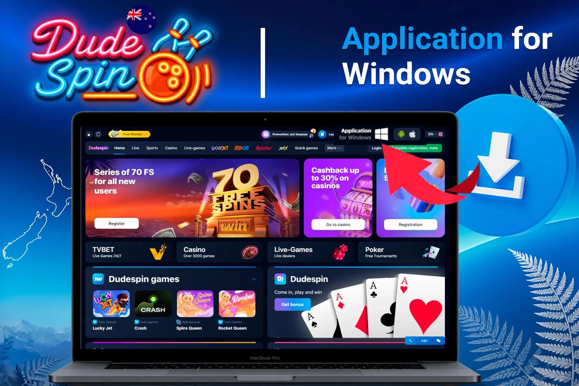 Application for Windows with download instructions and 70 free spins promotion