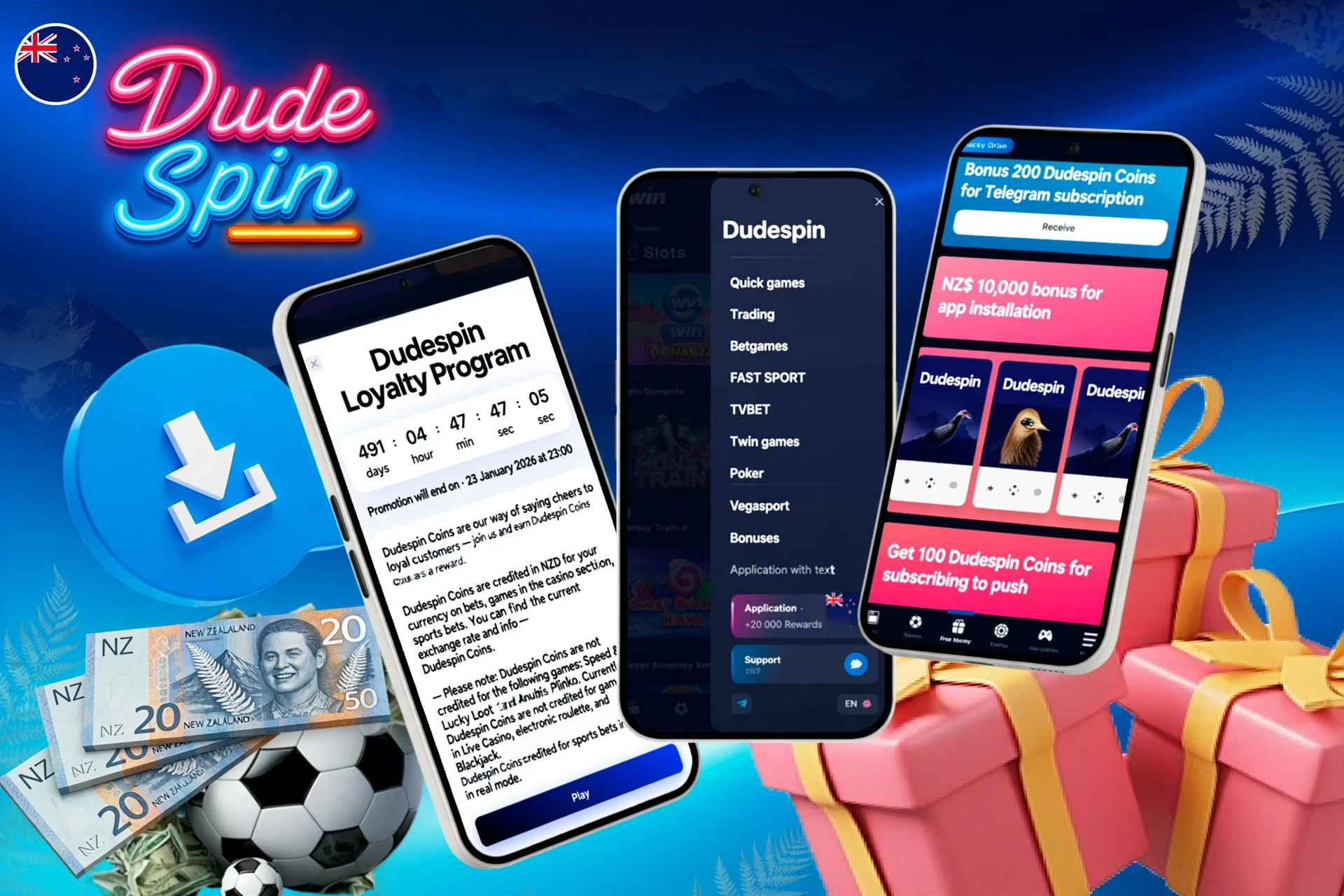 Mobile screens showing loyalty program, app installation bonus, and football icon with download button