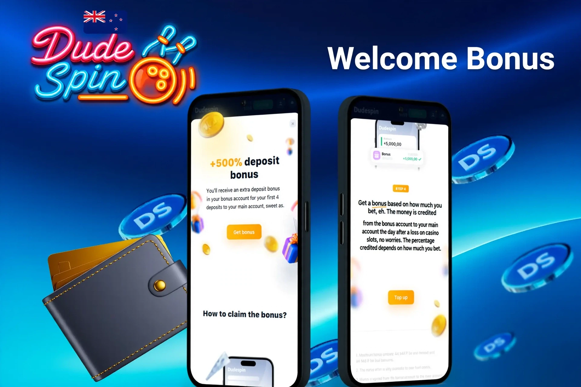 DudeSpin welcome bonus screen with advertised deposit match and free spins displayed on two mobile screens