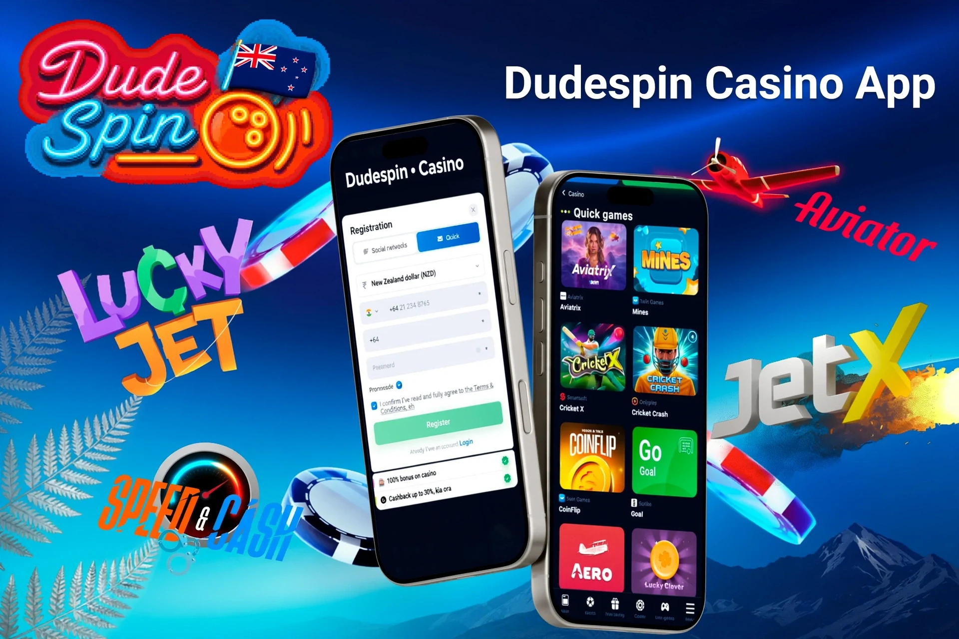 DudeSpin Casino app registration screen with quick games like Aviatrix and JetX