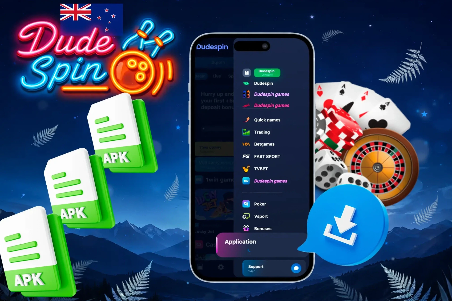 DudeSpin app with APK file icons and casino chips illustrating mobile access to games