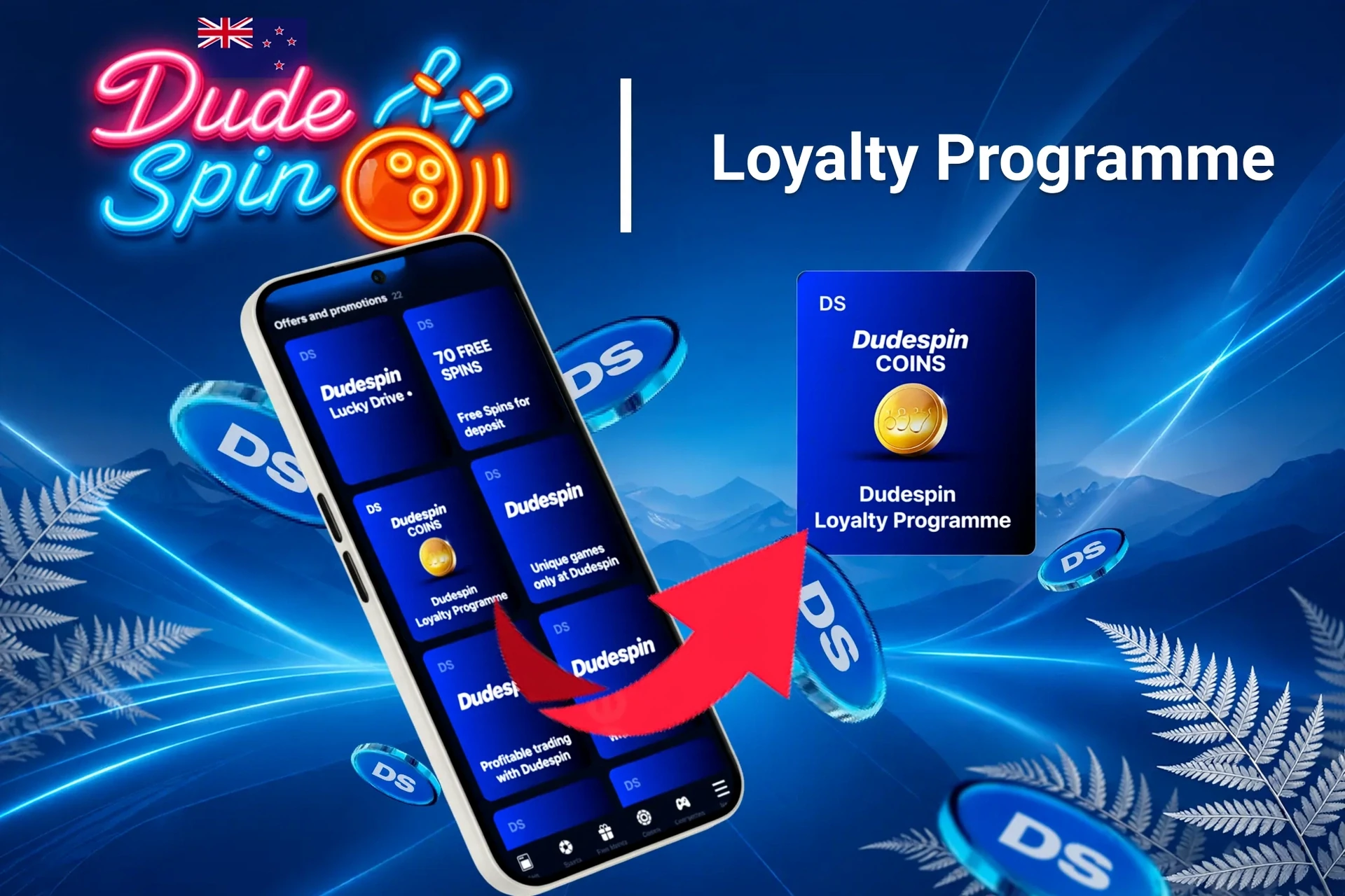Mobile app showing DudeSpin loyalty program and offers like free spins and Lucky Drive.