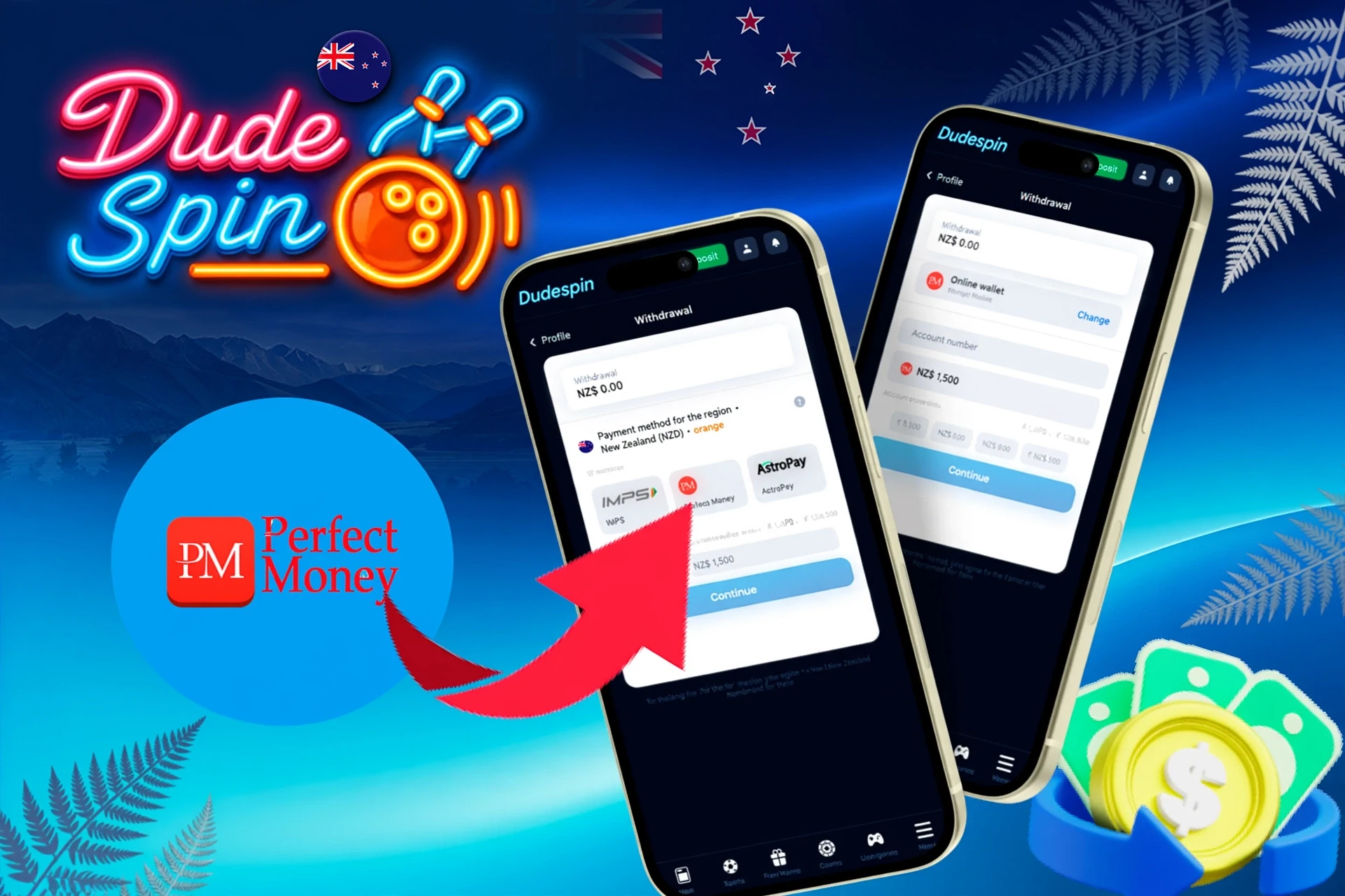 withdrawal options, featuring Perfect Money, AstroPay, and other wallet services, shown on a mobile interface