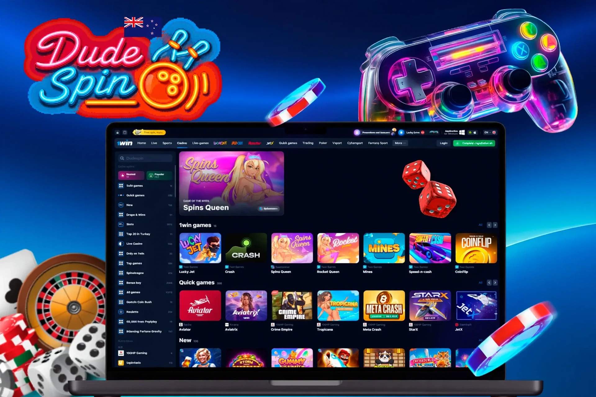 app interface showing a variety of games including slots, crash and live dealer titles with a vibrant game controller icon