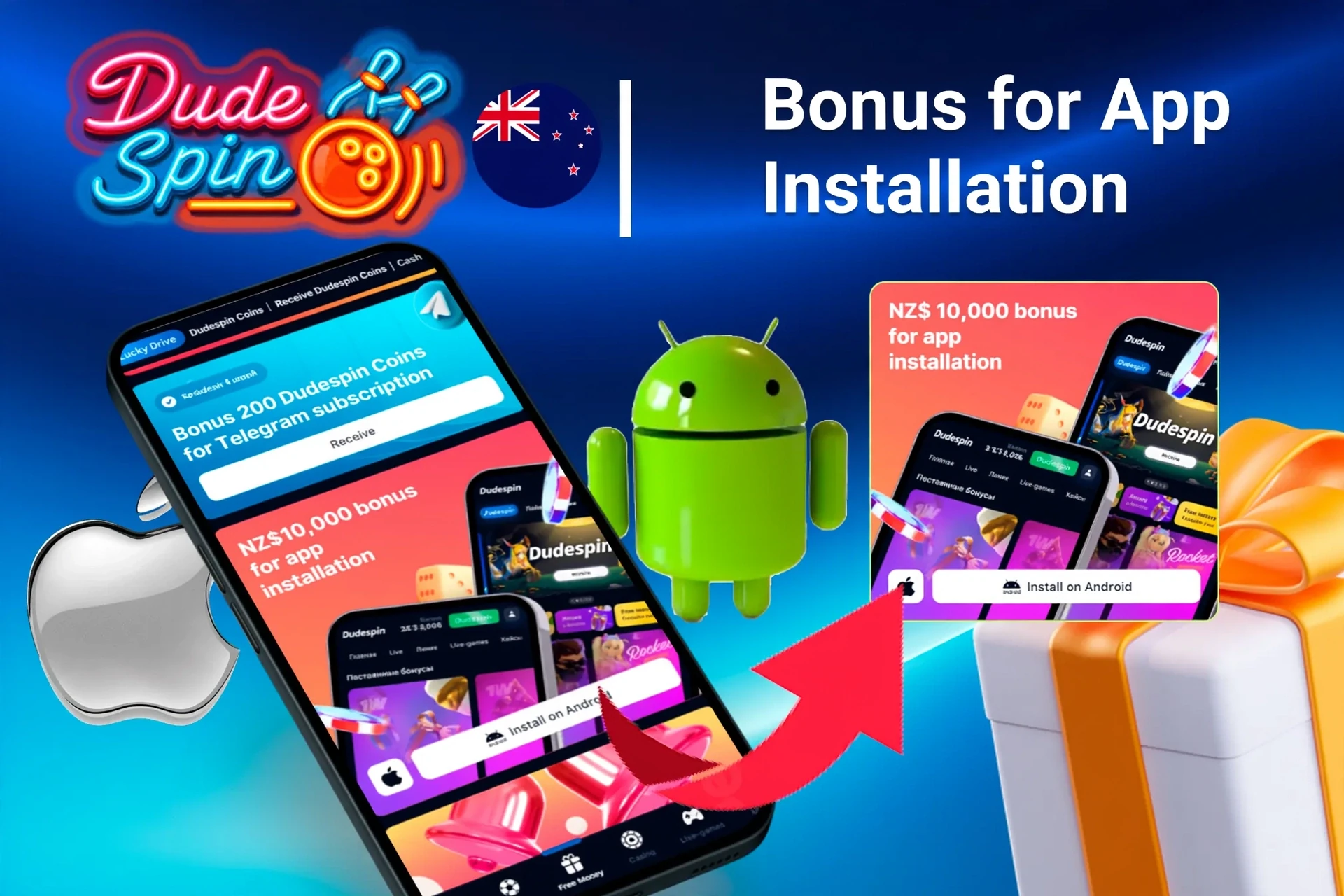 1Win bonus offer for app installation on mobile with Android and Apple logos, and gift boxes