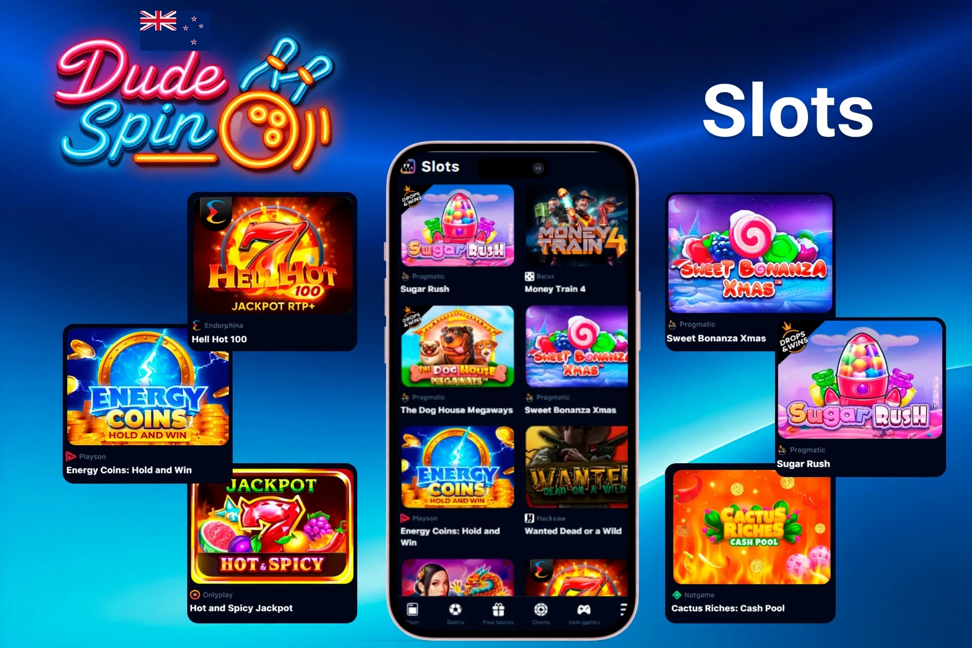 Slot titles such as Sugar Rush, Energy Coins and Hell Hot 100 displayed on desktop and the mobile-compatible DudeSpin website