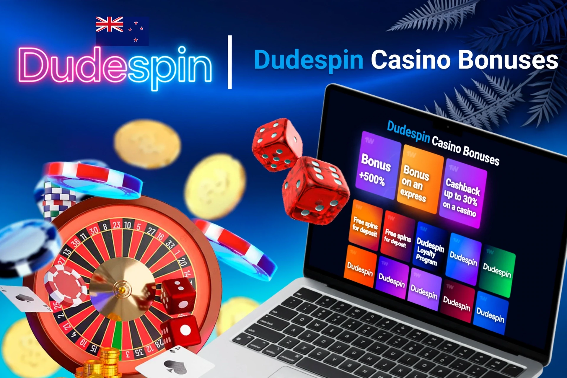Laptop screen showing various 1Win casino bonuses with roulette, dice, and poker chips