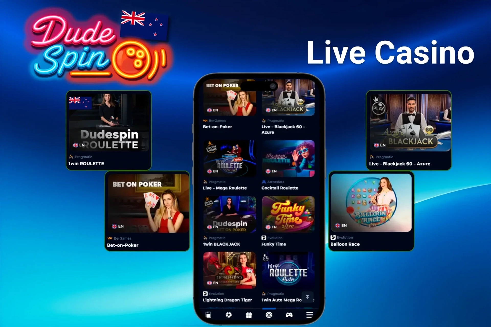 Live dealer games and popular live tables shown on the DudeSpin mobile-compatible website and desktop