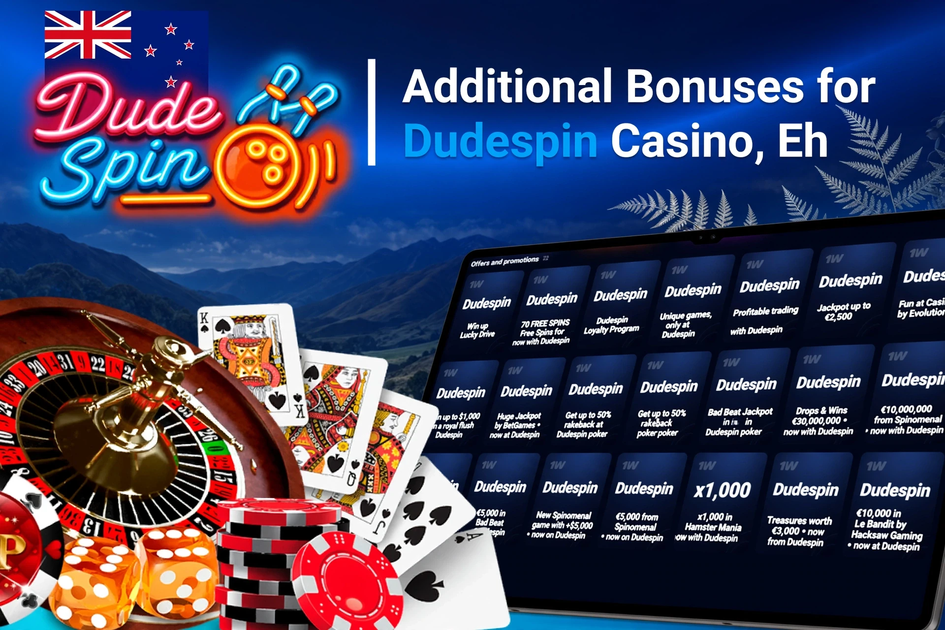 Mobile app showing casino game offers like loyalty program and free spins with poker chips and cards