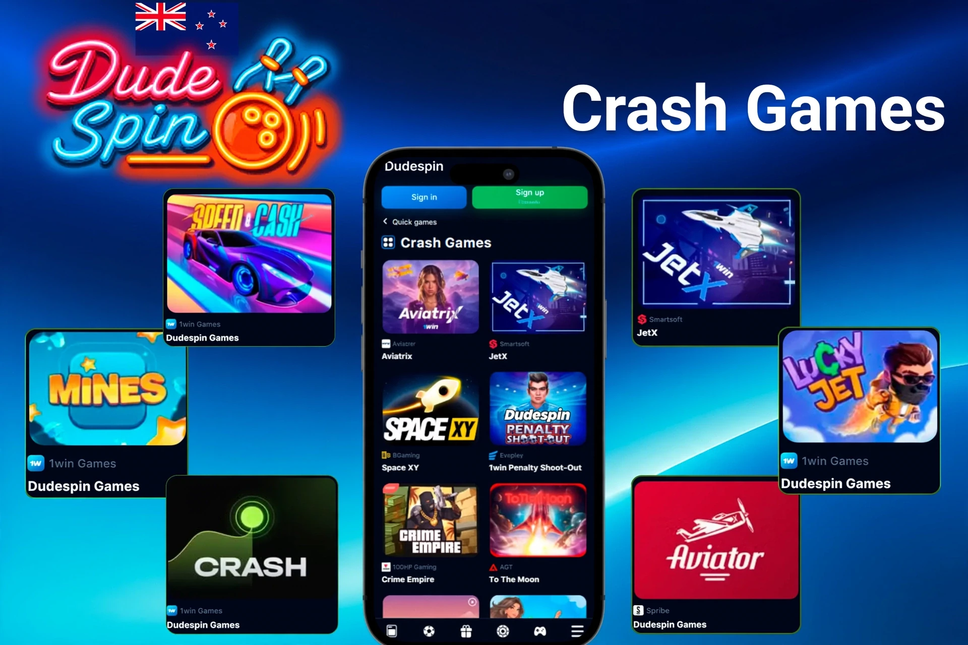 Crash games such as Mines, Speed-n-Cash, JetX and Lucky Jet illustrated on the DudeSpin mobile-compatible site