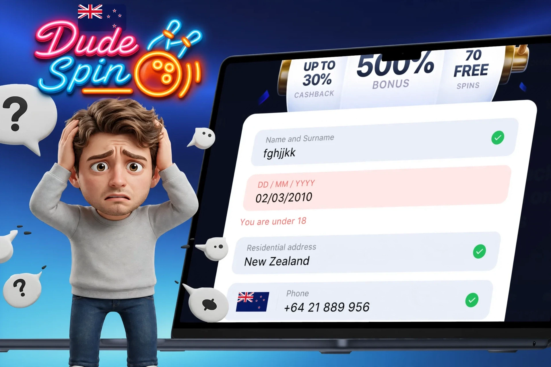 Description of potential issues when registering at DudeSpin